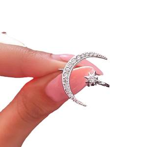 Crescent <b>Moon</b> <b>Ring</b> Star And <b>Moon</b> Index Finger Open <b>Ring</b> Pave Setting Everyday Wear Jewelry - Product Image 5