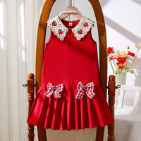 Robe plissée sans manches pour fille, col en dentelle rouge fraise, 4-8 ans