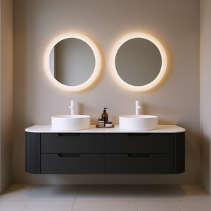Mueble de Baño DINA 60 con 2 Lavabos de Cerámica Blancos, Montado en la Pared, Bordes Curvos, Gabinete de Almacenamiento con Rayas Oscuras, Moderno y Minimalista - Product Image 2