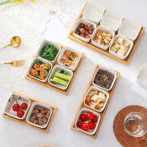 Plato de fruta dividido de cerámica creativa nórdica plato de salsa de condimento de cerámica pequeño con bandeja de madera - Product Image 3