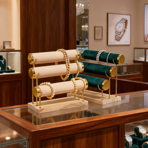 AURORA Soporte Moderno de Terciopelo Multicapa para Pulseras, Organizador de Relojes, Exhibidor de Joyas de Madera con Barra en T Dorada para Brazaletes y Diademas - Product Image 1