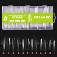 Lot de 240 faux ongles à presser longs et souples, couvrance totale, 6 styles, en gel acrylique, formes C et carrées, avec poudre miroir