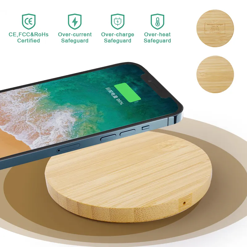 Eco Milieu Laser Logo 5W 10W 15W Qi Desktop Bosrijke Bamboe Telefoon Draadloze Oplader