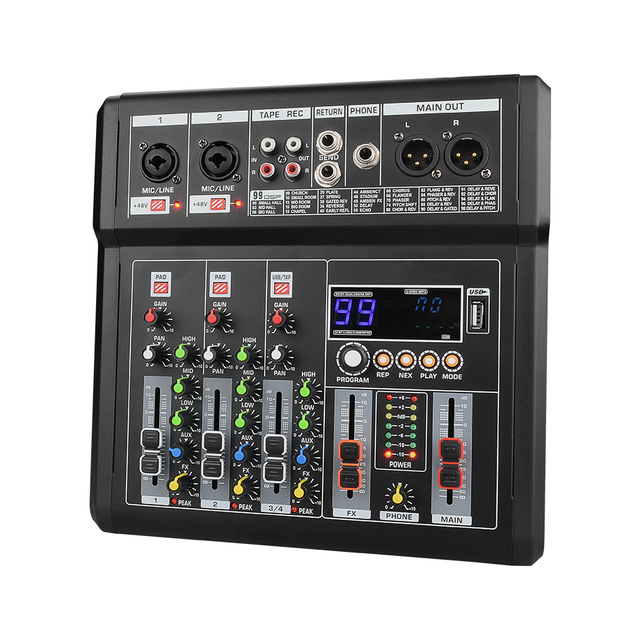4-Channel Audio Mixer, 48V Condenser Power, Onboard USB MP3 Player Unit, OEM Modification, DJ Mixer for Pro Studio Recording
