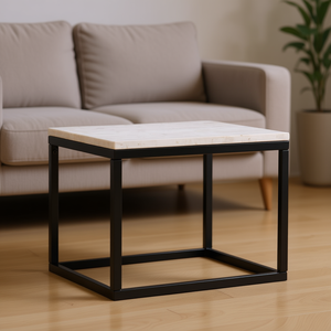 Tavolino da Caffè Piccolo Bianco e Nero in Vera Pietra con Struttura in Ferro Verniciato a Polvere - Product Image 2