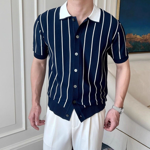 Men's Knit Striped Polo Collar Neck <strong>Shirt</strong> Sweater Striped Short-sleeved Polos Knitted Button up Knitted <strong>Shirt</strong> for Men - Product Image 1