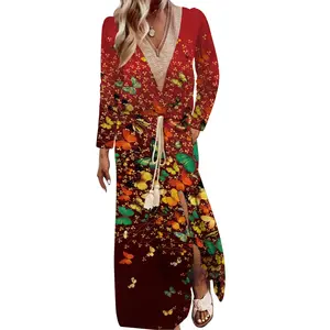 패션 활주로 꽃 맥시 원피스 여성 여름 가을 긴 소매 꽃 인쇄 드레스 레이디