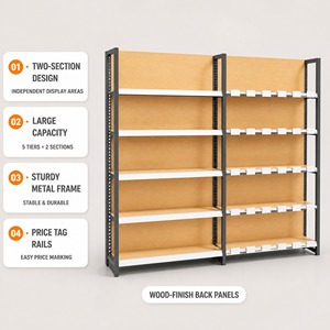 Exhibidor de Góndola de Doble Sección con Marco de Metal Negro y Paneles Traseros con Aspecto de Madera, Estantes Blancos Ajustables para Supermercado - Product Image 3