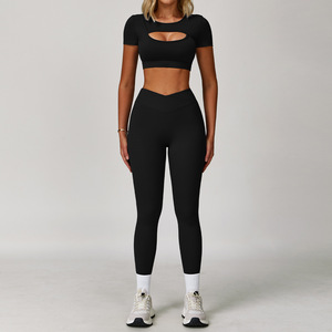 Leggings et hauts de yoga légers taille haute pour femmes ensemble de compression coupe en V à manches courtes <span class=keywords><strong>motif</strong></span> solide respirant - Product Image 5