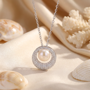 <b>Copper</b> Double Row Pave CZ Open Circle Freshwater Pearl Pendant Necklace Halo Round Elegant Jewelry for Women - Product Image 2