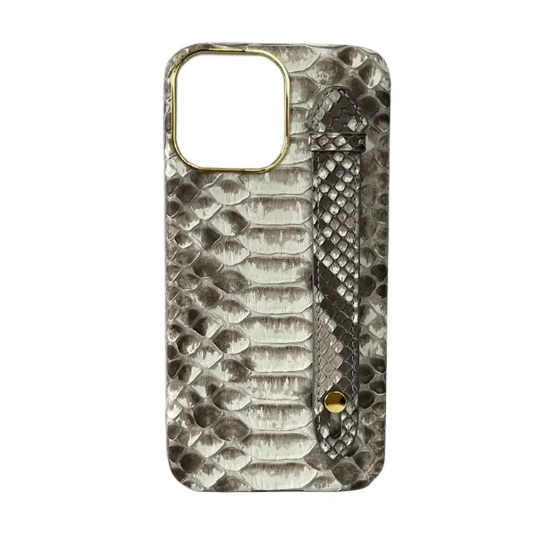 Custom luxury real exotic genuine python skin leather case for iphone 12 13 14 PRO MAX, case with holder finger strap