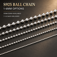 Chaînes classiques en argent sterling 925 avec billes perlées de 1 mm à 6 mm, plaquées rhodium, pour hommes et femmes, bijoux en gros