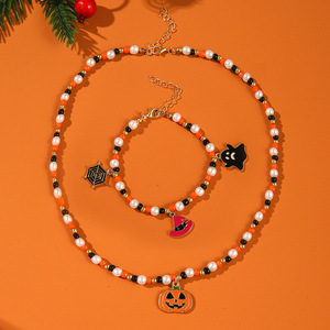 Conjunto de Joyería de Halloween, Collar y Pulsera de Aleación con Diseño de Fantasma y Calabaza, Estilo Horror, Joyería de Moda - Product Image 1