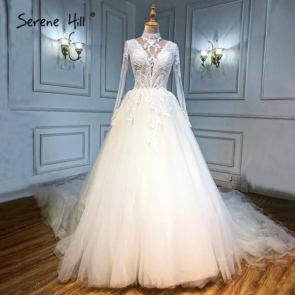 Ivory High Neck Full Sleeves Beaded Wedding Dresses 2022 Serene Hill HA2499 Women Muslim Modest Style Lace Bridal Gowns