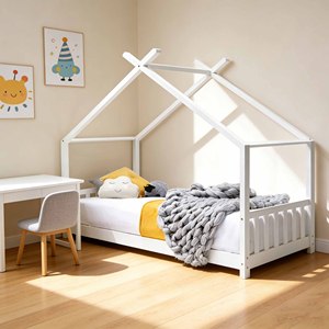 Modern Single <b>Bed</b> <b>Frame</b> Wooden House Design in <b>Pine</b> Wood for Kids Kids' Bedroom Hotel Farmhouse Apartment Bathroom - Product Image 2
