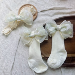 <b>Baby</b> Lace Bow <b>Headband</b> Socks Set Soft Ribbed Infant Girls Hairband Sock Outfit Cute Floral Organza Bow Newborn Daily Wear - Product Image 1