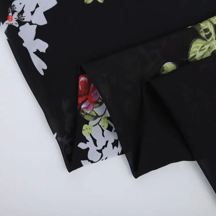 High quality 57/58" 100D flower patterns printed 100% polyester black chiffon fabric for women dresses