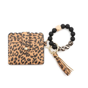 Hot Sale Leopard <b>Leather</b> Keychain Wallet with Wristlet Bangle <b>Bracelet</b> Silicone Beads <b>Bracelet</b> Beaded Keychain Wallet - Product Image 6