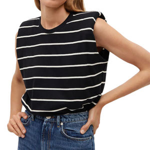 <span class=keywords><strong>Camiseta</strong></span> clásica de algodón con estampado de <span class=keywords><strong>rayas</strong></span> negras y hombros acolchados con cuello redondo de verano para mujer - Product Image 1