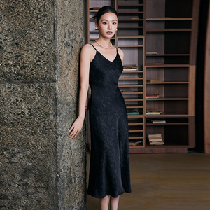Black <b>Spaghetti</b> <b>Strap</b> Maxi Dress V-Neck Satin Slip Dress Long Skirt Natural Waistline Career Wear - Product Image 1