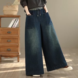Pantalon large en jean pour femme, taille haute, élastique, avec cordon de serrage, poches plaquées, coupe ample, style rétro décontracté, indigo – Collection Printemps 2026 (Vente en gros) - Product Image 3