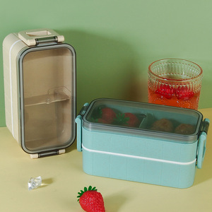 Cross Border Wheat Straw Student Bento Box Rectangular Double Layer <b>Plastic</b> Lunch <b>Container</b> With Lid For School Meals - Product Image 3