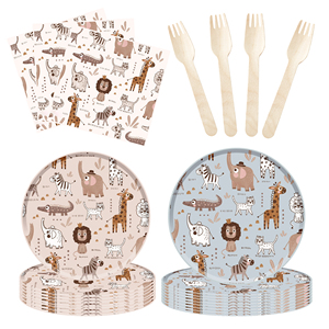 DAMAI - Juego de Platos Desechables Redondos de Color Rosa Polvoriento y Azul con Diseño de Animales, Vajilla para Fiestas, Artículos para Fiestas de Cumpleaños - Product Image 1