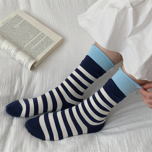 Women's Seamless Striped Mid Calf Socks Cotton Slouch Style Autumn Winter Casual Socks Navy Blue Yellow Coffee Red Green Coffee - Product Image 1