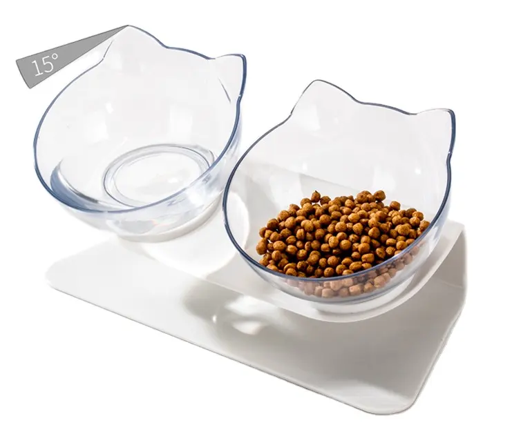 Double Bowls Cat Shape Slanted Drinking Feeders Pet Dish Bowls Non-slip Pet Dog Food Cat Ears Shape Transparent Pet Feeding