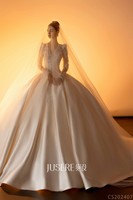 Robe de Mariée en Satin Perle Simple Cérémonie Blanche à Manches Longues Robe de Mariée Saoudienne Grande Taille à Personnaliser