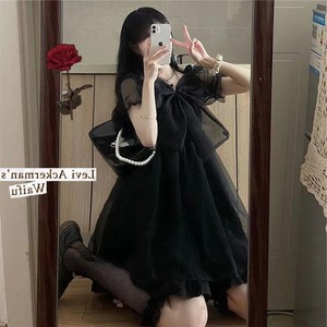 Black Summer Dress Sweetheart Neck Puff Sleeve Mesh Midi Skirt Vintage Party Casual Dress Empire Waistline Translucent - Product Image 2