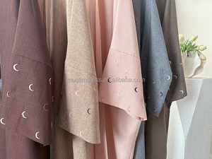 Vente en Gros Turquie Aïd Robe Modeste <span class=keywords><strong>Abaya</strong></span> de Dubaï pour Fille et Femme Musulmane, <span class=keywords><strong>Kimono</strong></span> Ouvert Luxe Broderie Lune Manches en Polyester Lin - Product Image 5