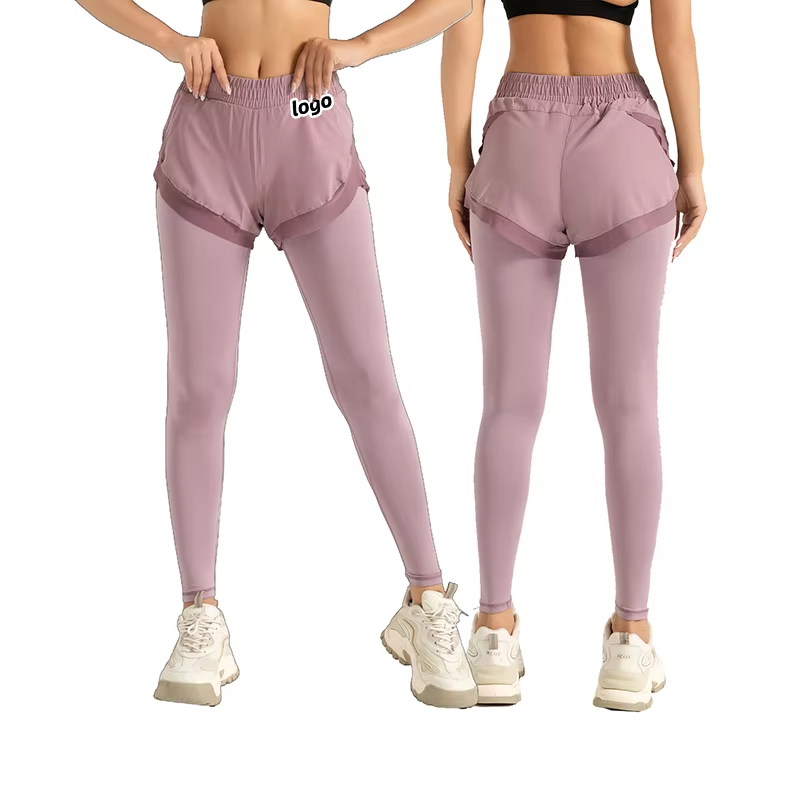 Women's 2 In 1 High Waist Running Leggings With Outer Shorts Anti Exposure Workout Tights Double Layer Fitness Pants