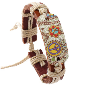 Popular Jewelry Hemp Rope Woven Cowhide Bracelet Retro Style Hot Stamping Peace Logo Leather Bracelet for <b>Men</b> and Women - Product Image 5