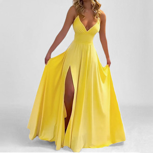 Abito lungo da donna senza colletto, fluido, con spalline sottili, scollo a V e spacco alto, per invitati a matrimoni, all'ingrosso, primaverile, tinta unita, arancione, rosa, nero, casual - Product Image 2