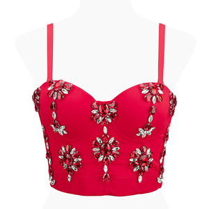 Meilleure vente pour femme : Crop top bustier ajusté à bretelles spaghetti, orné de diamants, avec baleines, style mode - Product Image 1