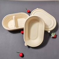 Boîte à lunch ovale à 2 compartiments en bagasse de canne à sucre, écologique, biodégradable, recyclable, compatible micro-ondes, conteneur sectionnel