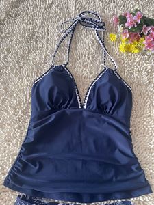 Women's Halter Neck Skirted Tankini Set with Scalloped Trim Side Tie Palm Print Bottom, Modest Tummy Control Swimwear - Product Image 5