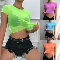 T-shirt d'été en maille pour femme, Top court transparent couleur néon