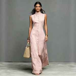 Cross-border for 2026 New <strong>Women</strong> Minimalist Style Polyester Splicing <strong>Summer</strong> Single-breasted Sleeveless <strong>Long</strong> <strong>Dress</strong> - Product Image 1