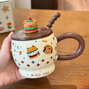 แก้วเซรามิคลายการ์ตูนแฮมเบอร์เกอร์พร้อมฝาและช้อน ขนาดใหญ่ สำหรับใช้ในบ้าน เหมาะเป็นของขวัญวันเกิดสำหรับผู้หญิง - Product Image 4