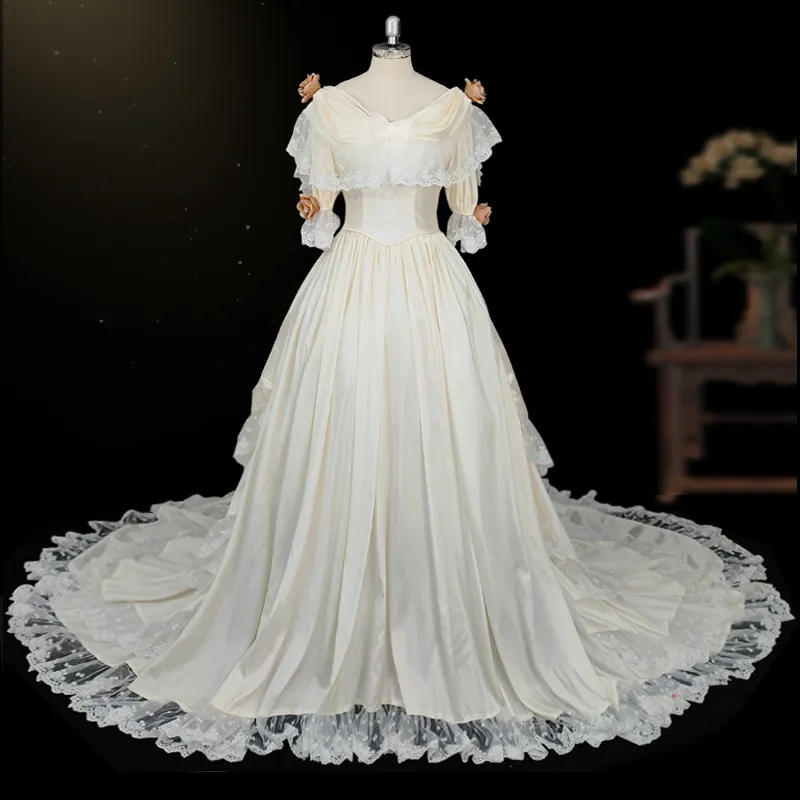 100% vraies Photos haute qualité 1920s Vintage 3D fleur taffetas robe de mariée femmes élégantes dentelle robe de bal robe de mariée pour le mariage