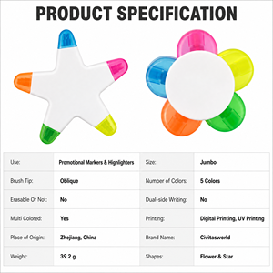 Stylo surligneur en forme de fleur 5 en 1 avec logo personnalisé, marqueur fluorescent en forme d'étoile, cadeau promotionnel - Product Image 4