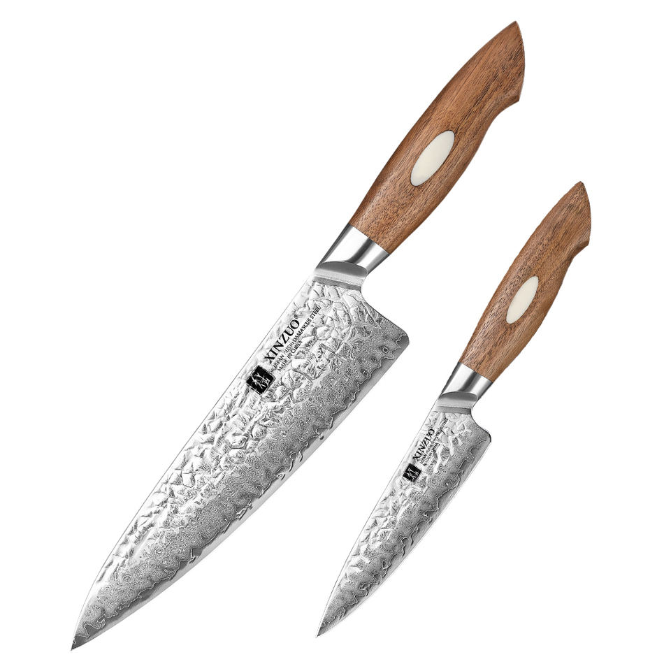 Duo Noyer — 2 couteaux Chef & Utilitaire — présentation