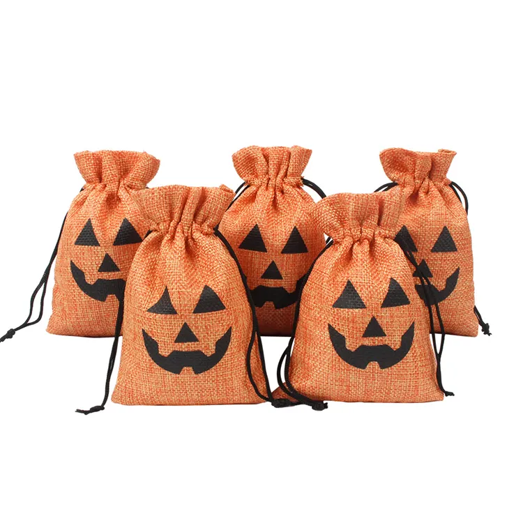 Cute Halloween Candy Bag Holiday Party lino Orange Pumpkin Faces Mini borsa con coulisse