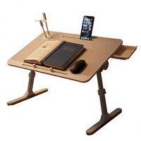 Table de lit pliable 23,6 pouces pour ordinateur portable avec tiroir latéral, lampe, ventilateur USB, support de livre, hauteur/angles réglables, plateau antidérapant