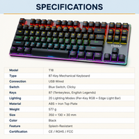 Clavier mécanique filaire USB 87 touches, interrupteurs bleus, 20 modes d'éclairage, plaque supérieure en ABS et fer, OEM ODM pour PC portable, CE ROHS FCC T18