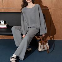 Ensemble tricoté 2 pièces en coton personnalisé OEM pour femme – Pull oversize à col bateau et pantalon large – Tenue décontractée et confortable pour femme