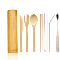 Ensemble de fourchettes et cuillères en bambou, vente en gros, 10 pièces, ustensiles de voyage inclus