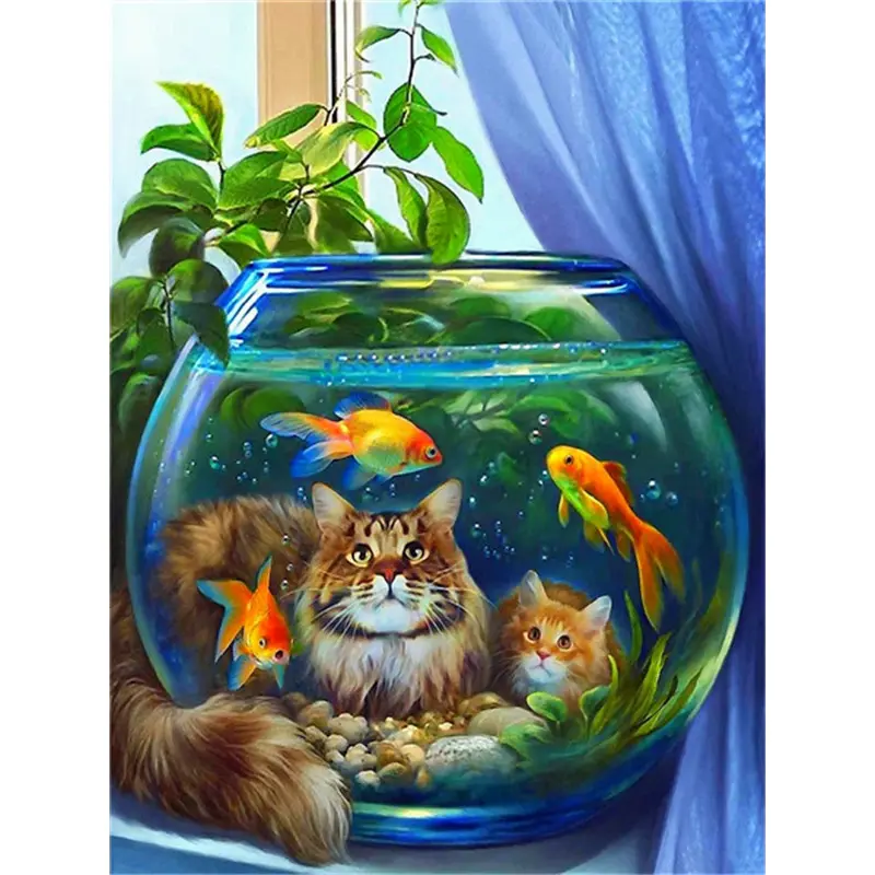 Diamond Painting Kits On Canvas Animal Cat And Fish Mosaic Full Drill Rhinestone For Home Decor for Kids Presentation Pop Art